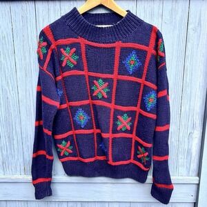 VINTAGE 80s Christmas Sweater Womens M Robert Scott Blue Geometric Grandma Ugly